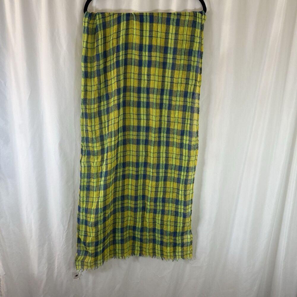 New Gap Wool Blend Scarf Lightweight Blue Yellow Plaid 24"x84"